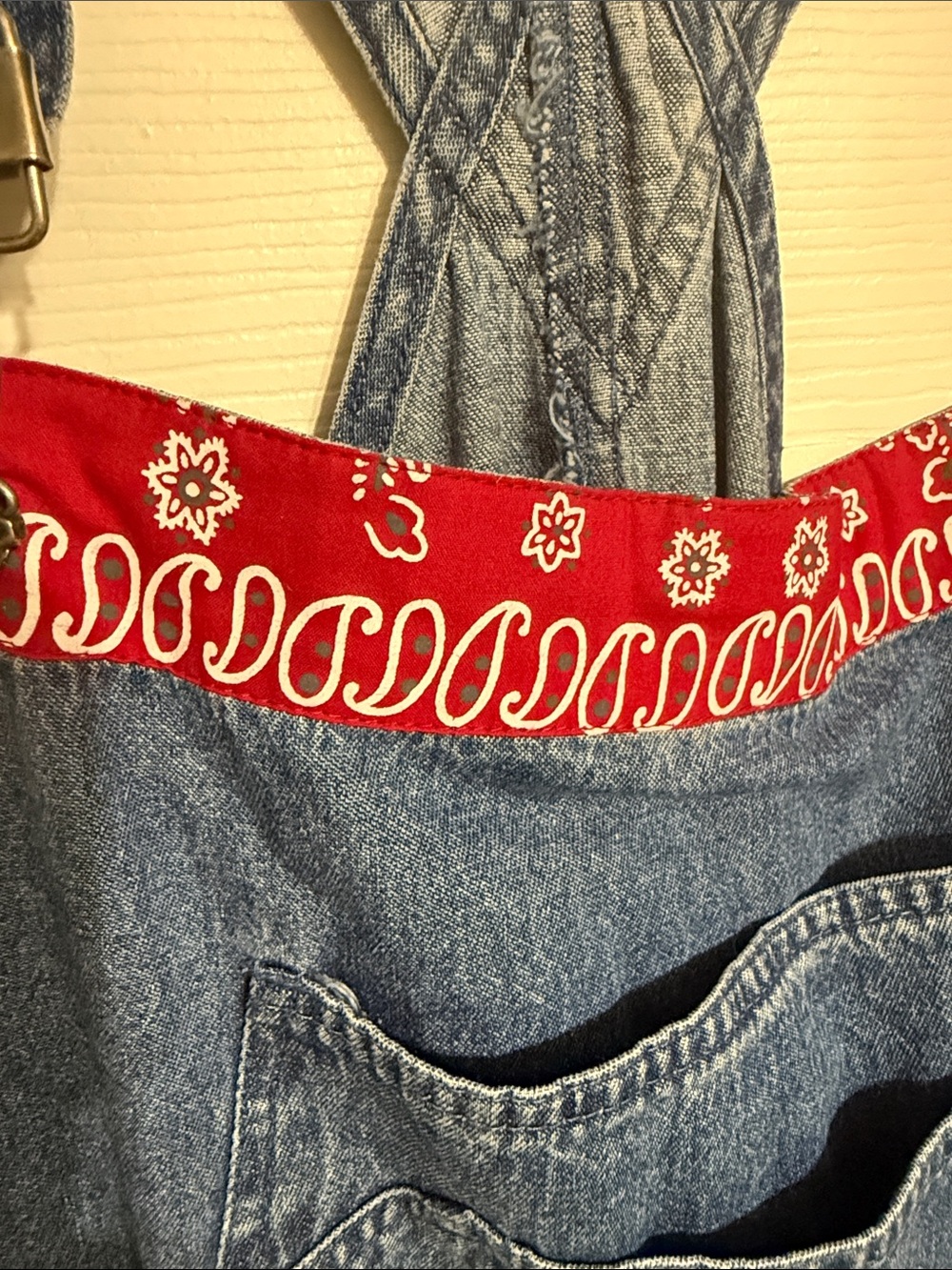 Denim capri Overalls with Red Bandana Trim - Women Capris - Picture 2 of 5